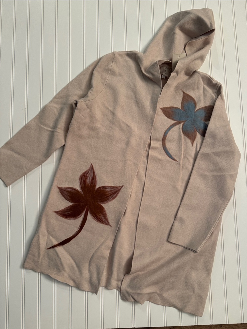 NWT Sioni XL Hooded Open Front Floral Cardigan Duster Beige Blue Brown